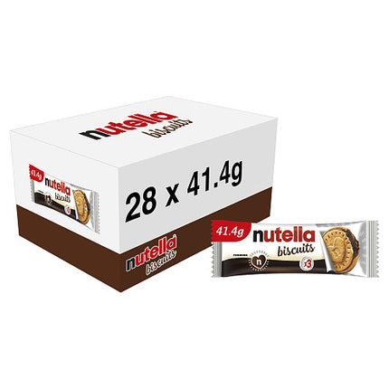 Nutella Biscuits wholesale case containing 28 individually packed 41.4g snack packs with 3 crispy biscuits filled with Nutella hazelnut spread