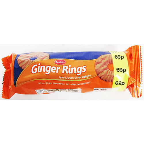 Bestin Ginger Rings wholesale case containing 16 price marked 150g packs of crunchy ginger ring biscuits
