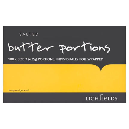 Lichfield salted butter portions box containing 100 individual butter packs for breakfast hospitality and catering use