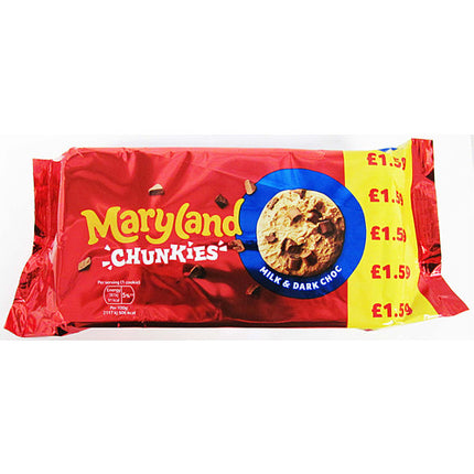 Maryland Big and Chunky Milk and Dark Chip Cookies wholesale case containing 12 price marked 144g packs of crunchy chocolate chip cookies