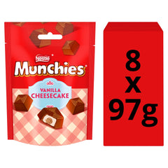 Munchies Vanilla Cheesecake Flavour Chocolate wholesale case containing 8 sharing bags of chocolate sweets with biscuit centre