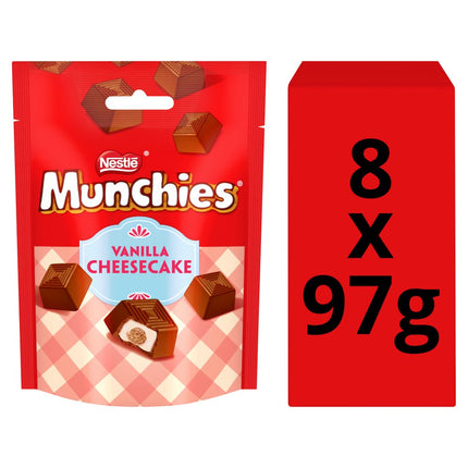 Munchies Vanilla Cheesecake Flavour Chocolate wholesale case containing 8 sharing bags of chocolate sweets with biscuit centre