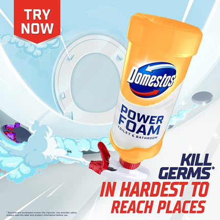 Domestos Power Foam spray bottle with a case of 6x450ml text above it on a white background.