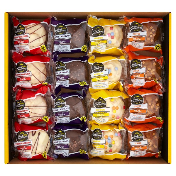 Food Connections Mixed Topped Muffins wholesale pack containing 16 assorted bakery muffins with sweet toppings