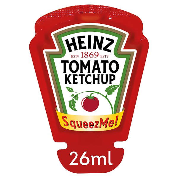 Heinz Tomato Ketchup SqueezMe portions catering pack containing 70 individual 26ml ketchup portions for takeaway and foodservice use