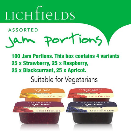 Lichfields Assorted Jam Portions 100 x 20g | Strawberry, Raspberry, Blackcurrant & Apricot Breakfast Preserve Pots