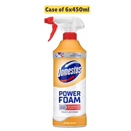 Domestos Power Foam spray bottle with a case of 6x450ml text above it on a white background.