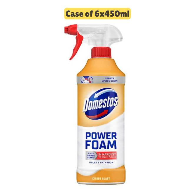 Domestos Power Foam spray bottle with a case of 6x450ml text above it on a white background.