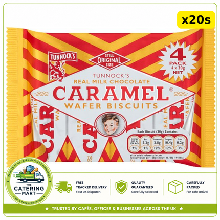 Tunnock's Real Milk Chocolate Caramel Wafer Biscuits wholesale case containing 20 packs of 4 x 30g wafer bars