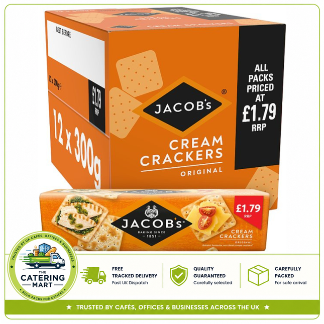 Jacob's Cream Crackers wholesale case containing 12 x 300g packs of classic crisp savoury crackers
