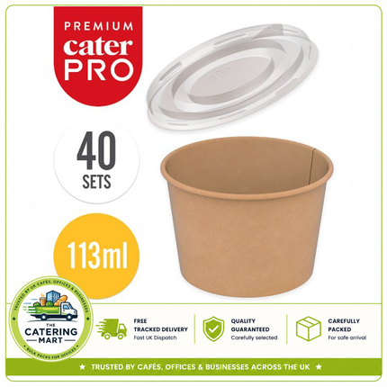 CaterPro Premium 40 kraft sauce pots with plastic PP lids 113ml for takeaway and catering