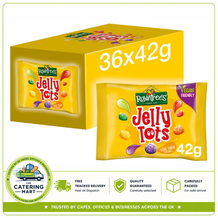 Rowntree's Jelly Tots Sweets wholesale case containing 36 x 42g individual bags of colourful fruit flavour jelly sweets