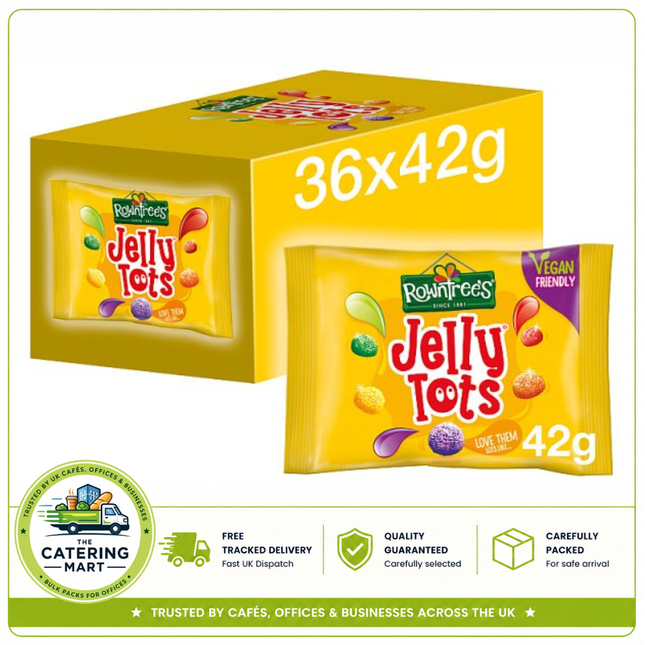Rowntree's Jelly Tots Sweets wholesale case containing 36 x 42g individual bags of colourful fruit flavour jelly sweets
