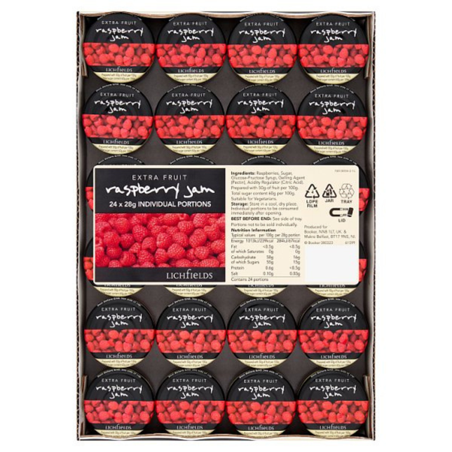 Lichfields Extra Fruit Raspberry Jam 24 x 28g individual portions, 672g pack of single-serve raspberry jam for hotel breakfasts, cafés, buffets and catering