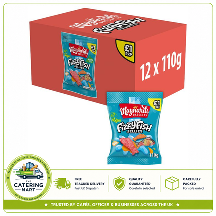 Maynards Bassetts Fizzy Fish Jelly wholesale case containing 12 x 100g bags of fruity fizzy jelly sweets