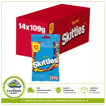 Skittles Vegan Tropical Chewy Sweets wholesale case containing 14 x 109g tropical fruit flavoured treat bags