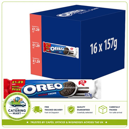 OREO Vanilla Double Creme Cocoa Sandwich Biscuits wholesale case containing 16 x 157g roll packs