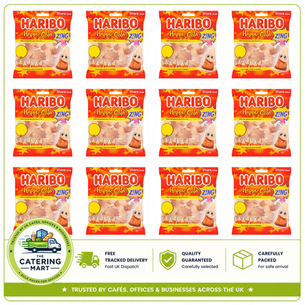 HARIBO Happy Cola Zing wholesale case containing 12 x 140g bags of fizzy cola-flavoured jelly sweets