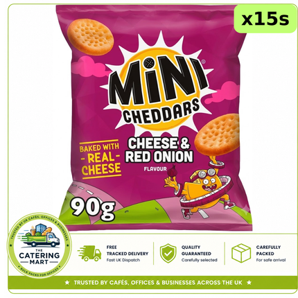 Mini Cheddars Cheese & Red Onion Flavour wholesale case containing 15 x 90g baked cheese snack packs
