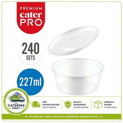 CaterPro Premium 240 plastic PP deli pots with lids 227ml for bulk wholesale food packaging