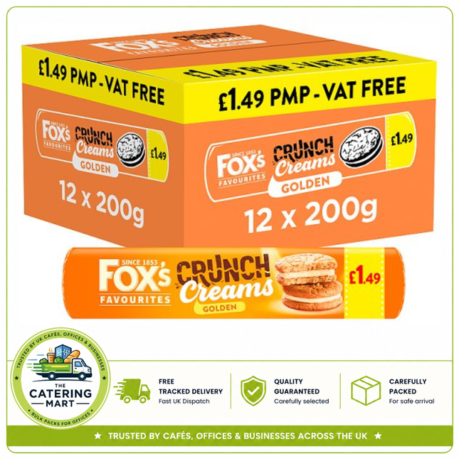 Fox's Golden Crunch Creams wholesale case containing 12 x 200g packs of cream-filled biscuits