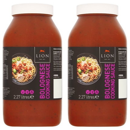 Lion Bolognese Cooking Sauce wholesale case containing 2 x 2.27 litre packs of Italian-style tomato-based sauce for bolognese, pasta, lasagne and catering