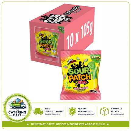 Sour Patch Kids Watermelon Candy wholesale case containing 10 x 105g bags of sour watermelon-flavoured chewy sweets