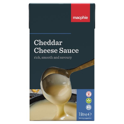 Macphie Cheddar Cheese Sauce 1 Litre smooth ready-to-use creamy cheese sauce for macaroni cheese, pasta, vegetables and professional catering