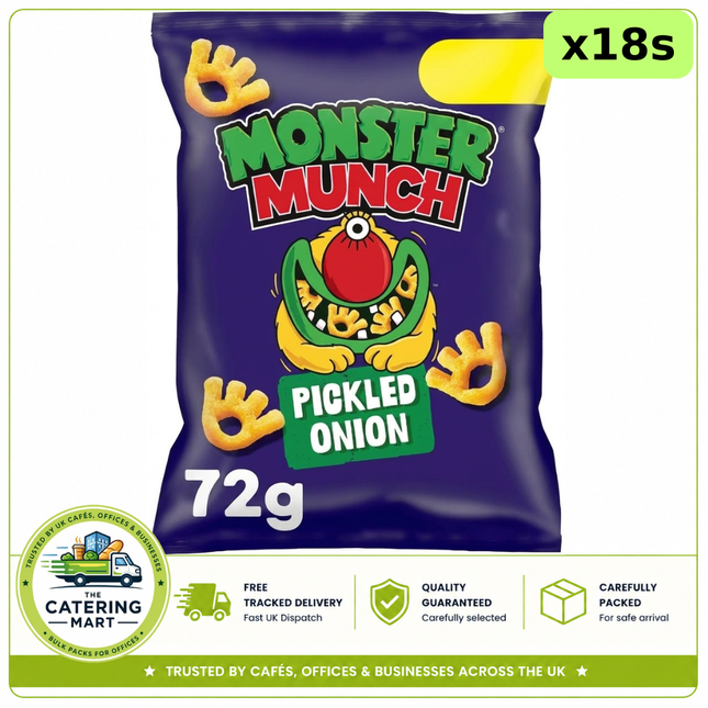 Walkers Monster Munch Pickled Onion Crisps wholesale case containing 18 x 72g individual snack packs