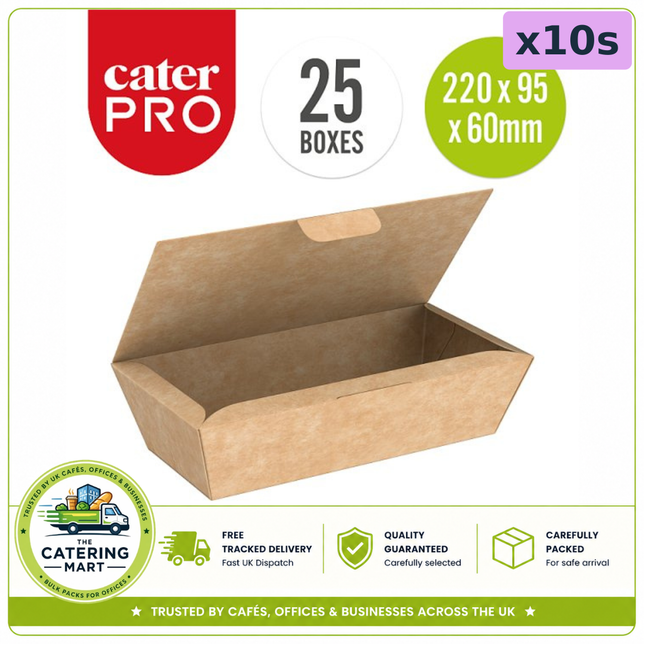 CaterPro 10 x 25 kraft food boxes with folded lids 1350ml for bulk wholesale takeaway food packaging