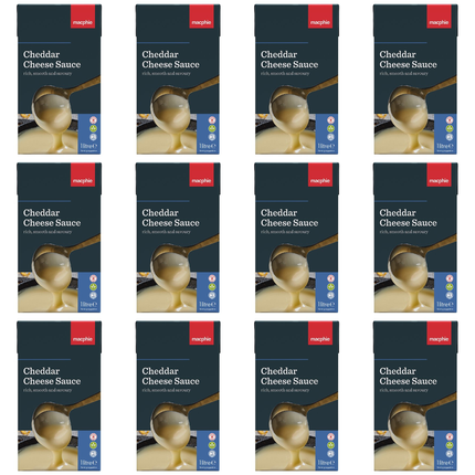 Macphie Cheddar Cheese Sauce wholesale case containing 12 x 1 litre packs of smooth ready-to-use creamy cheese sauce for pasta, macaroni cheese and catering
