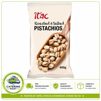 Itac Roasted & Salted Pistachios 400g pack of crunchy seasoned pistachio nuts for snacking and catering