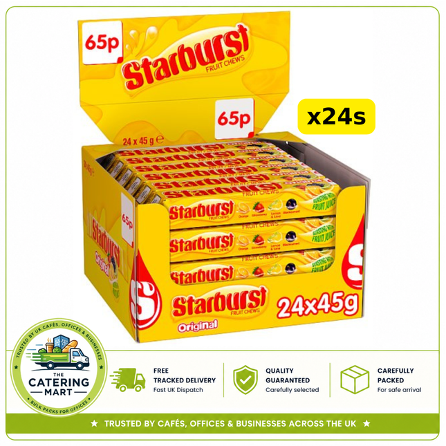 Starburst Vegan Chewy Fruit Flavour Sweets wholesale case containing 24 individual 45g treat bags