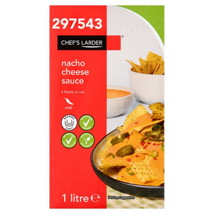 Chef's Larder Nacho Cheese Sauce 1L catering pack of smooth creamy cheese sauce for nachos, tortilla chips, fries, burgers and professional foodservice