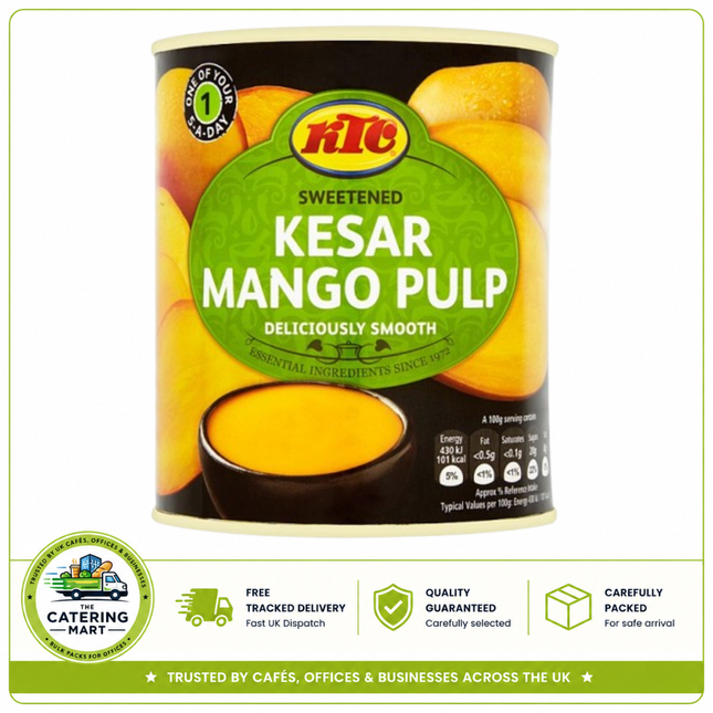 KTC Sweetened Kesar Mango Pulp 850g wholesale catering can made with 95% Kesar mangoes