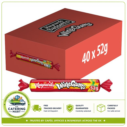 Maynards Bassetts Wine Gums wholesale case containing 40 x 52g individual rolls of chewy fruit flavour sweets