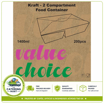 Value Choice Kraft 1400ml 2 Compartment Food Containers 200 pack for takeaway meals