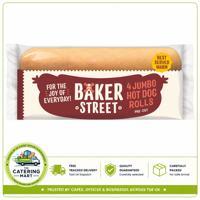 Baker Street jumbo hot dog rolls 4 pack soft long life hot dog buns for BBQ meals lunches and foodservice use