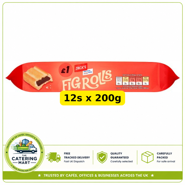 Jack's Fig Rolls wholesale case containing 12 x 200g packs of fig filled biscuits with sweet fruity centres