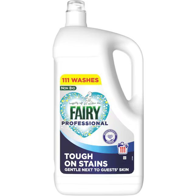 Fairy Professional Non-Bio Washing Liquid 4.995L container offering up to 111 washes
