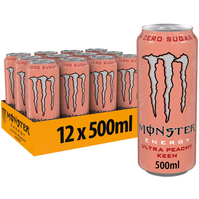 Monster Energy Ultra Peachy Keen zero sugar peach energy drink wholesale case of 12 x 500ml cans.