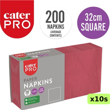 CaterPro burgundy 2-ply paper napkins, wholesale case of 10 packs containing 200 napkins each, 32cm square
