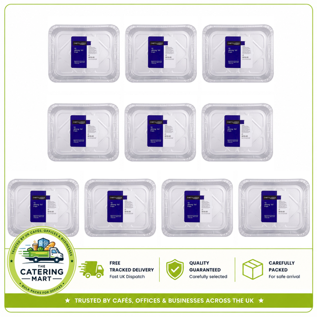 Chef's Larder 10 x 10 oblong aluminium foil trays 324mm for bulk wholesale catering and takeaway food packaging