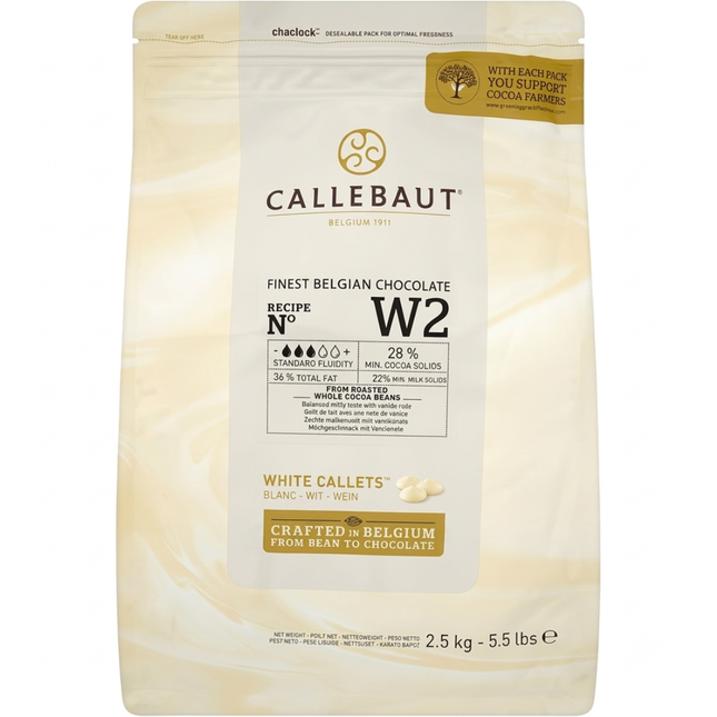 Callebaut Recipe W2 Belgian white chocolate callets 2.5kg bag of couverture chocolate drops for professional baking.