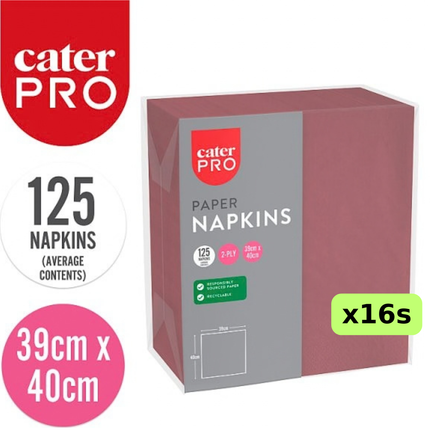 CaterPro burgundy 2-ply paper napkins, wholesale case of 16 packs containing 125 napkins each