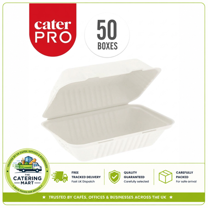CaterPro 50 Bagasse Food Boxes with Hinged Lids 229 x 152mm wholesale pack