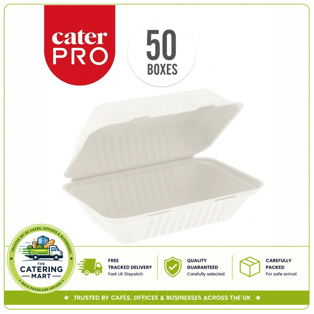 CaterPro 50 Bagasse Food Boxes with Hinged Lids 229 x 152mm wholesale pack