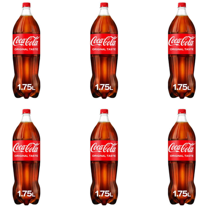 Coca-Cola Original Taste wholesale case containing 6 x 1.75L bottles of sparkling cola soft drink.