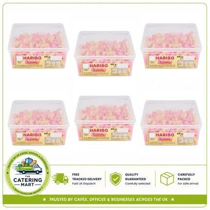 HARIBO Rhubarb & Custard Chewy Sweets wholesale case containing 6 x 810g tubs of rhubarb and custard flavour sweets