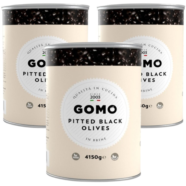 Gomo Pitted Black Olives wholesale case containing 3 x 4150g catering jars